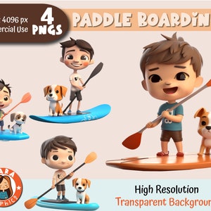 Cute Paddle boarding KIDS 3D Clipart - Set van 4 hoge resolutie PNG's