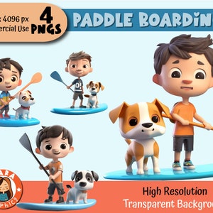 Cute Paddle board Boys 3D Clipart - Set van 4 PNG's met hoge resolutie