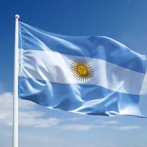 Może przedstawiać: Niebiesko-biała flaga z żółtym słońcem w środku. Słońce ma twarz i jest otoczone promieniami. Flaga powiewa na wietrze na tle błękitnego nieba z białymi chmurami.