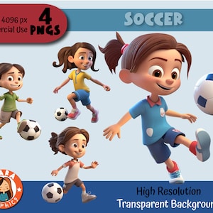 Set of 4 3D Soccer Player Girls Clipart - High Resolution PNGs (4 Different Characters), downloadable files, High Quality