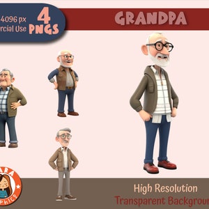 Niedliche 3D-Opa-Zeichen-Clipart-Set - PNGs mit hoher Auflösung (4 verschiedene Zeichen), herunterladbare Dateien, hohe Qualität