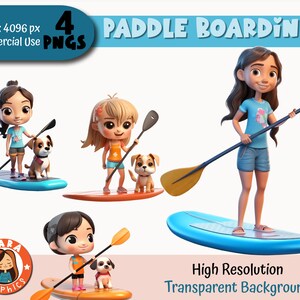 Cute Paddle board Girls 3D Clipart - Set van 4 hoge resolutie PNG's