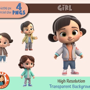 Niedliche 3D Girl Characters Clipart Set - PNGs mit hoher Auflösung (4 verschiedene Charaktere), herunterladbare Dateien, hohe Qualität