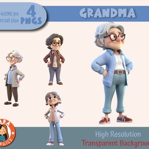 Niedliche 3D Oma Zeichen Clipart Set - Hochauflösende PNGs (4 verschiedene Zeichen), herunterladbare Dateien, hohe Qualität