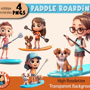 Cute Paddle board Girls 3D Clipart - Set van 4 hoge resolutie PNG's