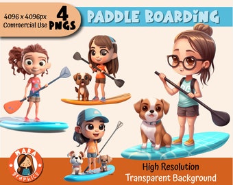 Niedliche Paddle Board Mädchen 3D Clipart - Set aus 4 hochauflösenden PNGs