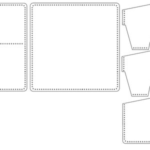 May include: A leathercraft pattern for a wallet with multiple pockets and compartments. The pattern includes a large main pocket, a smaller pocket for cash, and a pocket for cards. The pattern is outlined with dotted lines.