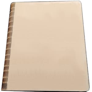 May include: A light beige wooden notebook with a decorative, laser-cut spine. The notebook has a smooth, blank cover and a dark border. The design suggests a handcrafted or artisanal product, suitable for writing or sketching.
