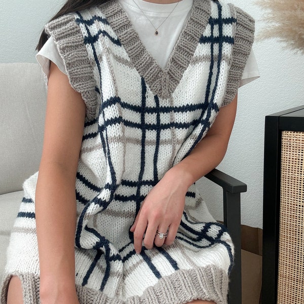 TARTAN SWEATER VEST Knitting Pattern | My Very Vest Dress, areuknittingme, knit vest, tartan sweater vest, fall autumn knitting patterns