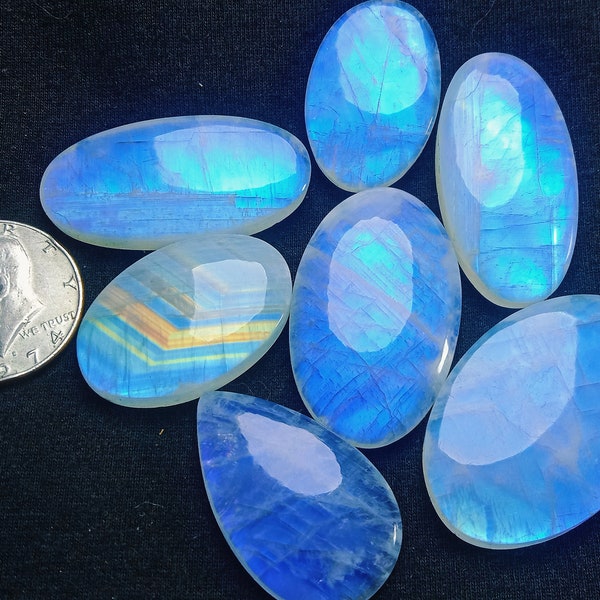 Wholesale Large Rainbow Moonstone Cabochon Both Side Polished 595 Carats 7 pieces Jewelry Making Stone Natural Blue Moonstone Super Flashy