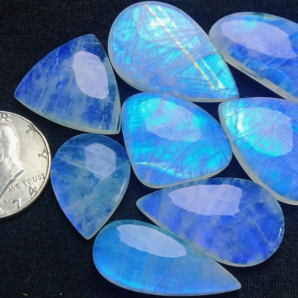 Rainbow Moonstone Cabochon Wholesale Large High Hand Polished 405 Carats 8 pieces Jewelry Making Stone Natural Blue Fire Rainbow Moonstone