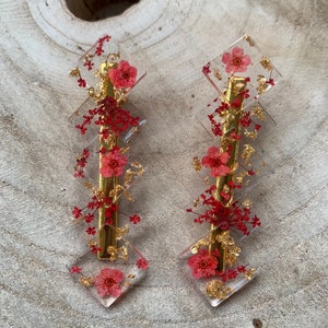 Lot de 2 barrettes fleurs séchées et résine époxy Rouge