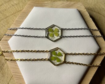 Dried four-leaf clover bracelet, stainless steel bracelet, dried flower bracelet