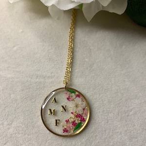 Collar de flores secas, inicial, acero inoxidable, personalizable
