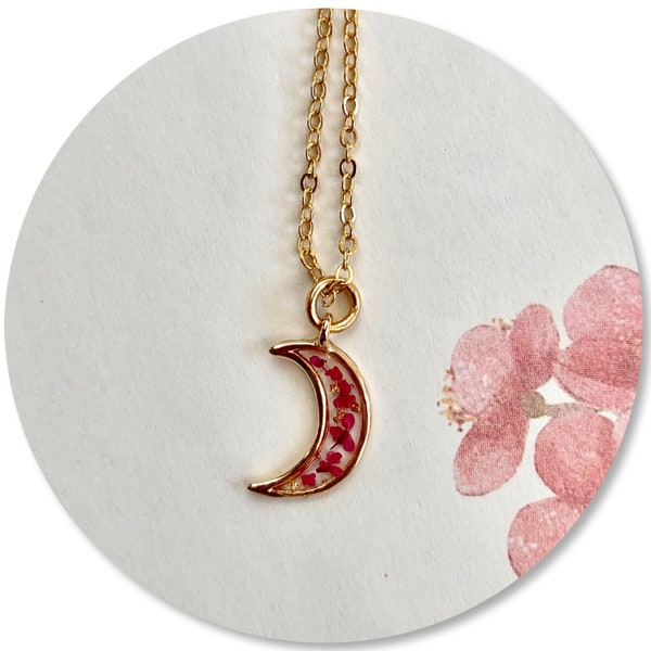 Collier croissant de Lune, fleurs séchées, doré à l’or fin 24 carats