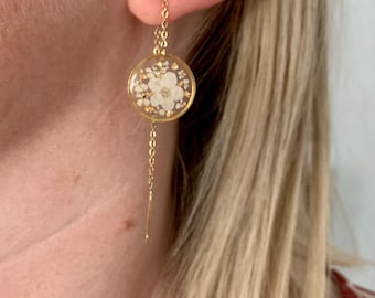 Pendientes colgantes de flores secas, acero inoxidable, estilo bohemio.