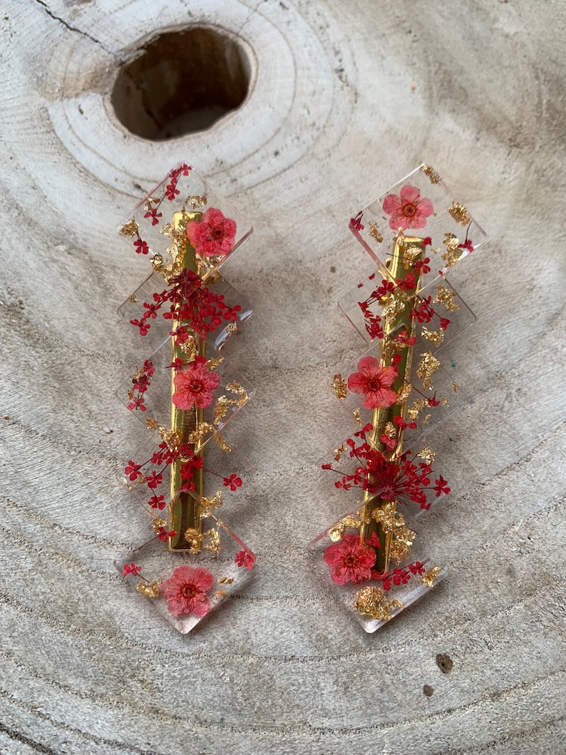 Lot de 2 barrettes fleurs séchées et résine époxy Rouge