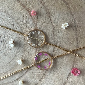 Bracelet fleurs séchées, bracelet initiales,  acier inoxydable