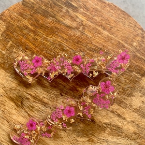 Lot de 2 barrettes fleurs séchées et résine époxy Rose fuschia