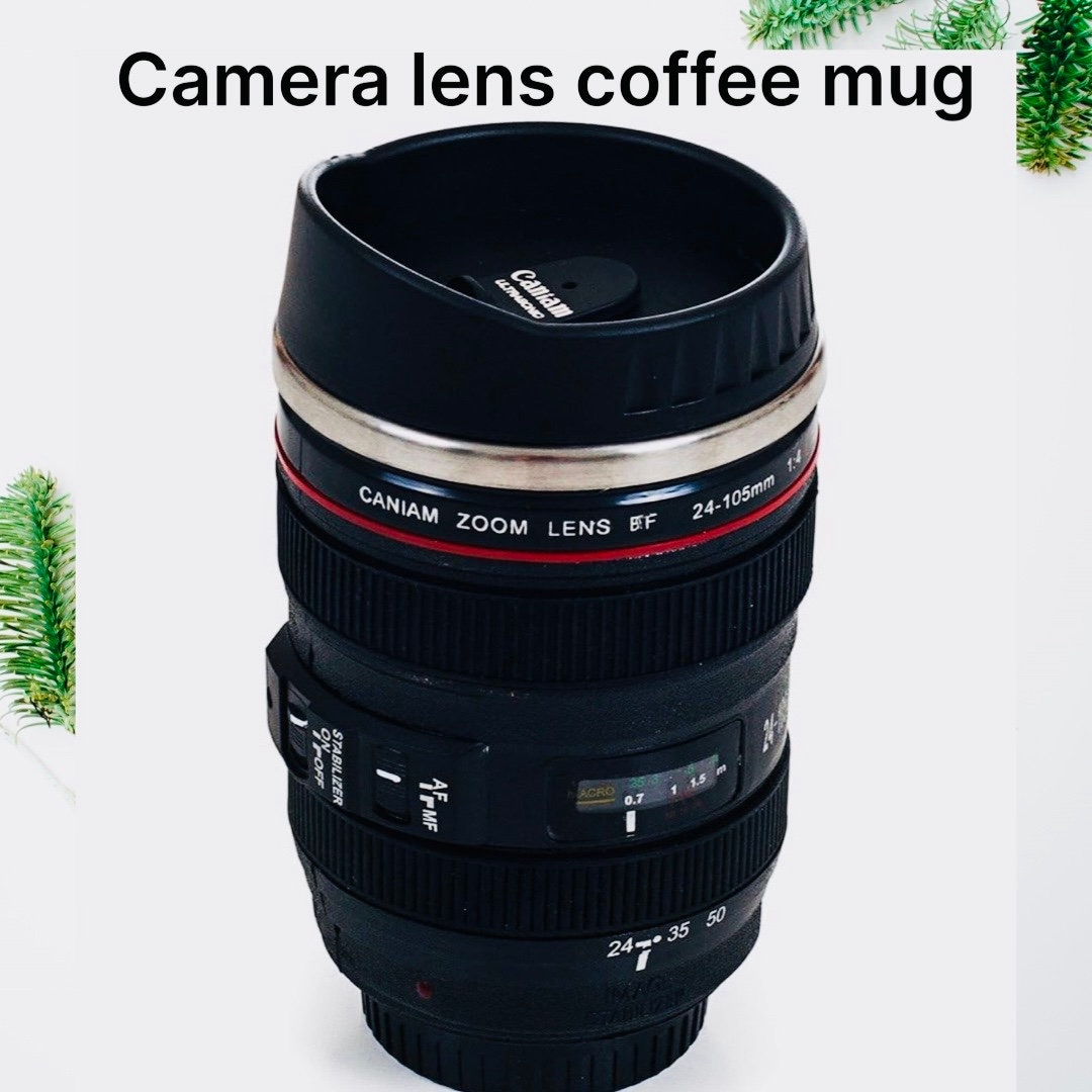 Camera Lens Coffee Mug With Retractable Lid, Stainless Steel Travel