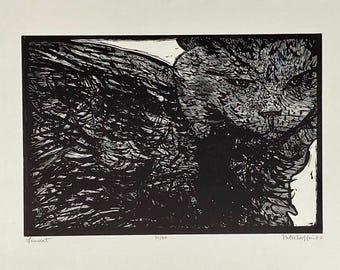 LINOCAT, limited edition bxw linocut