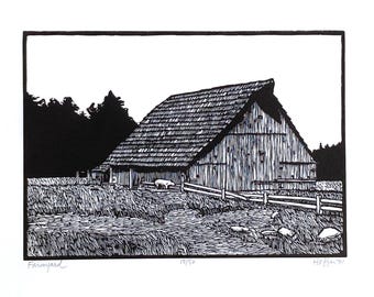 FARMYARD, an original black and white limited edition linocut