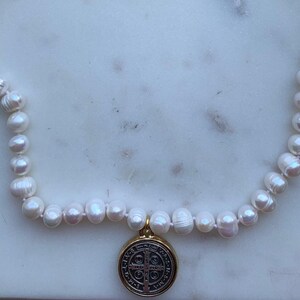 St. Benedict Fresh water pearl necklace Two Tone Medal Collar Perla San Benito
