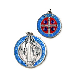 St. Saint Benedict 1 1/4" Blue Red Large Silver Medal Medalla San Benito Italy - Made in Italy