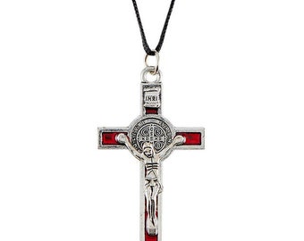 St Benedict Medal Center Red Crucifix on Cord Necklace 2"