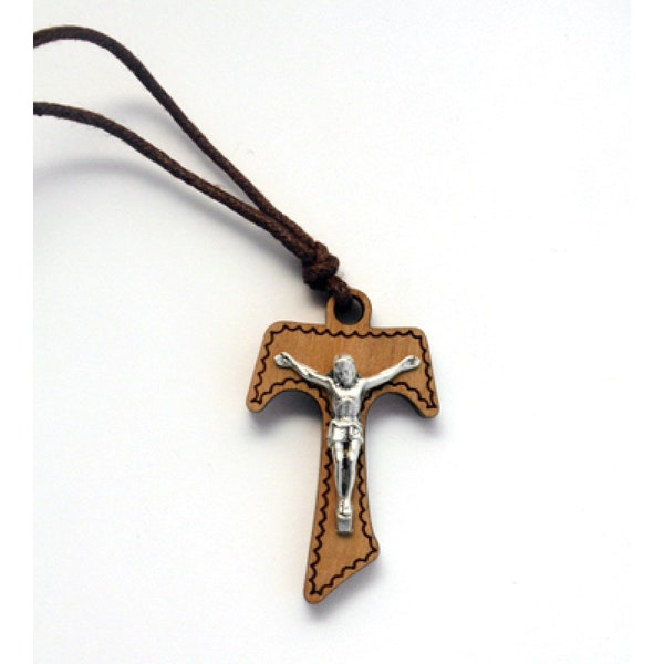 Wood Franciscan Tau Cross Necklace with corpus- Collar Cruz Tao MADE IN ITALY