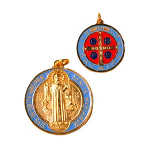 St. Saint Benedict 2&quot; Blue Red Large Golden Medal Medalla San Benito Italy - Made in Italy