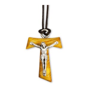 Olive Wood Tau Cross with Corpus Necklace