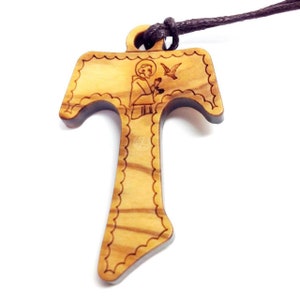 Wood Franciscan Tau Cross Necklace with St. Francis image- Collar Cruz Tao