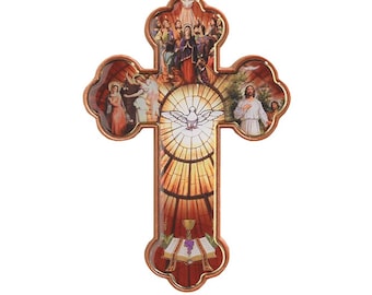 May include: A wooden cross with a stained glass design featuring a dove, a chalice, grapes, and a group of people. The cross is decorated with a gold-colored trim.