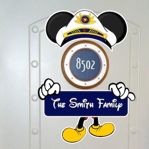 Captain Mickey Holding Family Name Banner Cruise Door Magnets