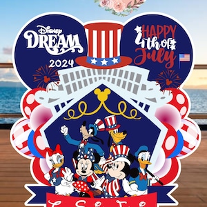 May include: A blue and red Mickey Mouse ears design with the text "Disney Dream 2024" on one ear and "Happy 4th of July" on the other ear. The design features a cartoon image of Mickey Mouse, Minnie Mouse, Donald Duck, Goofy, and Pluto wearing red, white, and blue patriotic outfits. The design also includes a red, white, and blue banner with the text "The Smith Family".