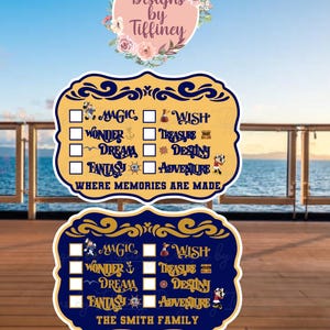 May include: Two navy blue and gold decorative signs with the text "Magic, Wish, Wonder, Treasure, Dream, Destiny, Fantasy, Adventure" and the text "Where Memories Are Made" and "The Smith Family". The top sign has a floral design and the text "Designs by Tiffiney".
