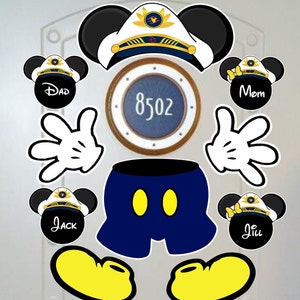 May include: A set of Mickey Mouse themed door decorations for a cruise ship cabin. The decorations include a captain's hat, Mickey Mouse ears, gloves, pants, and shoes. The cabin number 8502 is visible on the door. The names Dad, Mom, Jack, and Jill are on the decorations.