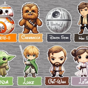 May include: A set of 12 colorful cartoon character stickers featuring characters from the Star Wars franchise. The stickers feature characters such as Darth Vader, Chewbacca, R2-D2, Yoda, Luke Skywalker, and Princess Leia.
