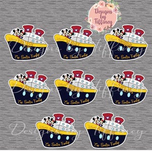 May include: Eight colorful Disney cruise ship themed stickers featuring Mickey and Minnie Mouse. Each sticker has a different cruise ship name, including "Fantasy", "Wish", "Dream", "Magic", "Wonder", "Adventure", "Disney", and "Disney Cruise Line". The stickers are perfect for adding a touch of Disney magic to your belongings.