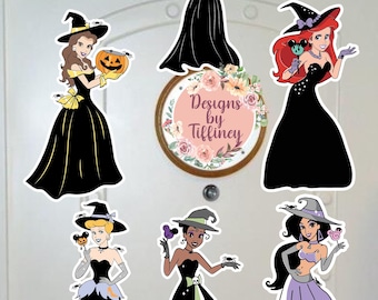 May include: Six Disney princess characters dressed as witches for Halloween. Each princess is holding a Halloween treat, such as a pumpkin, an apple, or a lollipop. The princesses are wearing black dresses with purple, green, or lavender accents. The image includes the text "Designs by Tiffiney".