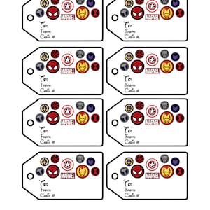 May include: Eight white gift tags with black borders. Each tag has a different Marvel character logo, including Spider-Man, Captain America, Iron Man, and Black Widow. The tags have the text "To:", "From:", and "Cabin #" printed on them.
