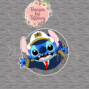 May include: A blue cartoon character wearing a captain's hat and uniform, peeking out of a round porthole. The character has large eyes and a wide smile. The background is a grey brick wall.