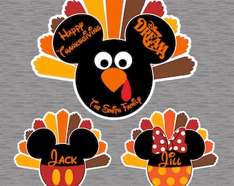 May include: Three Thanksgiving turkey-themed decorations featuring Mickey Mouse ears. The center turkey is black with orange and brown feathers and says "Happy Thanksgiving" and "The Smith Family". The turkey on the left has black ears and says "Jack". The turkey on the right has black ears and a red bow and says "Jill".