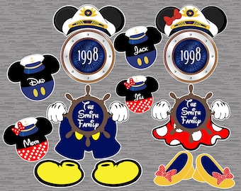 May include: Set of 10 printable Disney Cruise ship themed Mickey and Minnie Mouse character cutouts. The cutouts include a family of four, a ship's wheel, and two pairs of shoes. The cutouts are perfect for a Disney Cruise themed party.