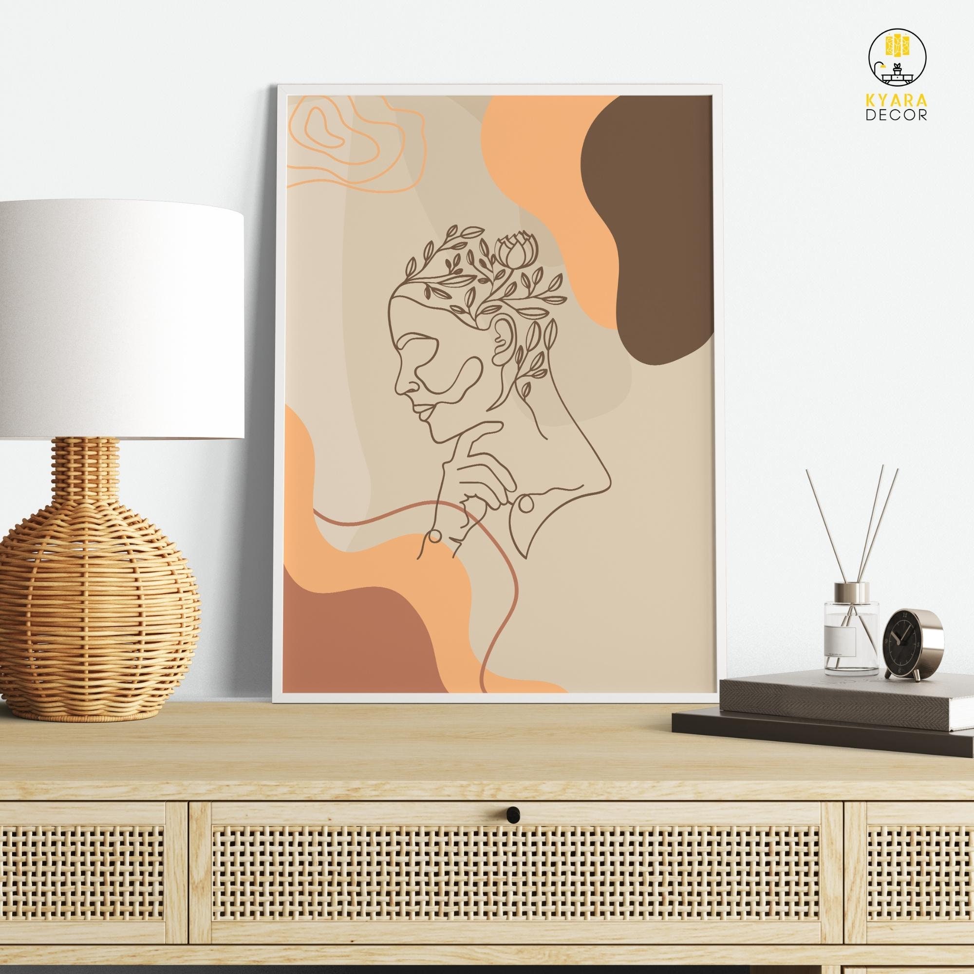 Floral Neutral Minimalist Woman Face Line Beige Boho Style Art - Etsy
