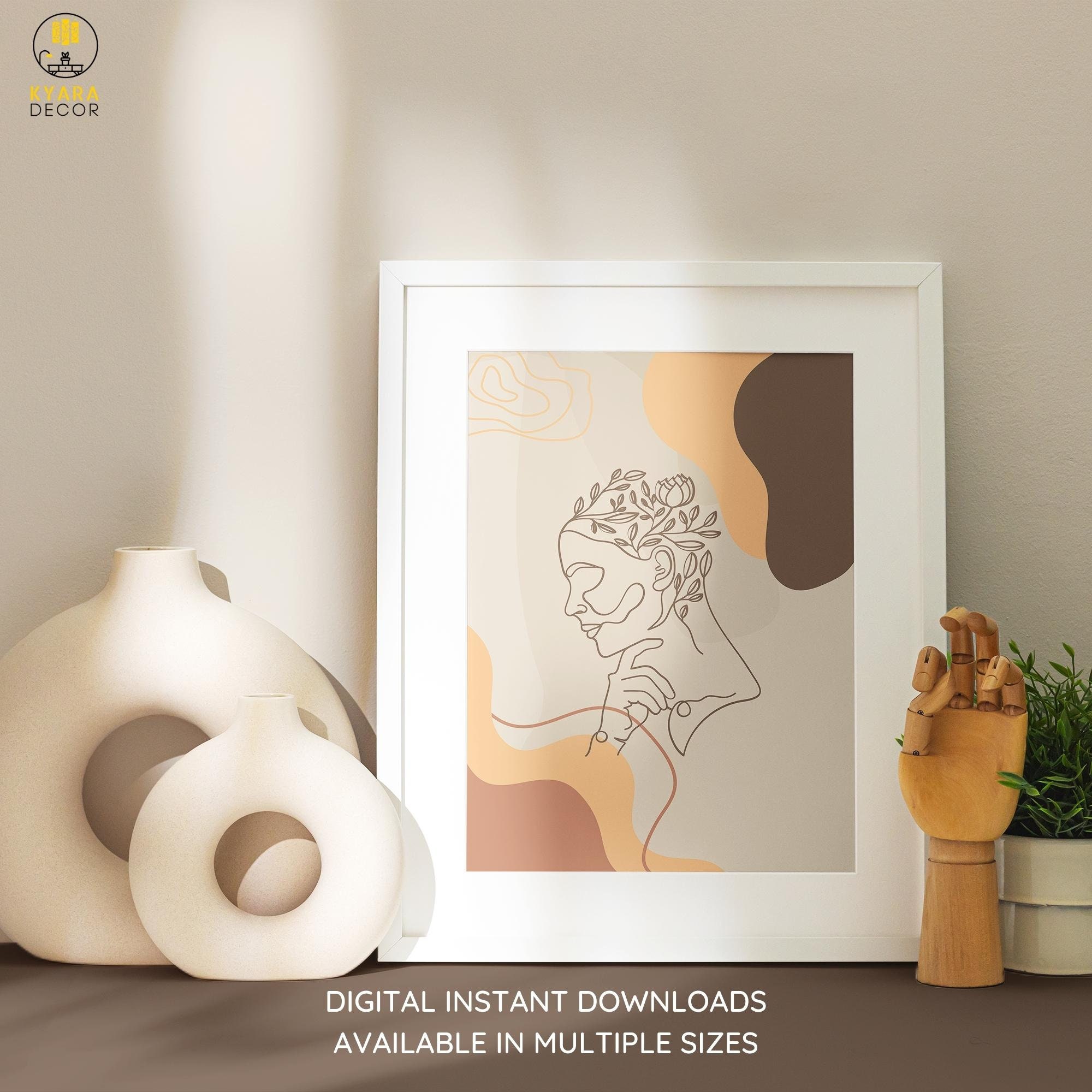 Floral Neutral Minimalist Woman Face Line Beige Boho Style Art - Etsy