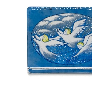vintage, impression artistique sur verre, carte en verre, grammage du papier. Carte en verre signée 2002 « Des anges bleus berçant le ciel ».