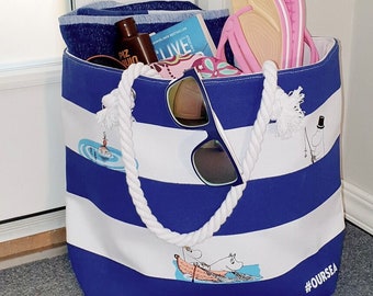 Bolsa de ombro listrada clássica Moomin branca e azul, praia