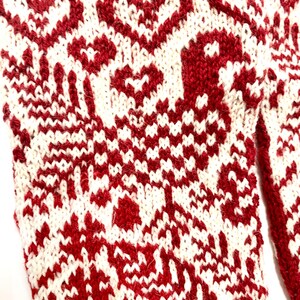 Può includere: Primo piano di un tessuto a maglia con un motivo a fiocco di neve rosso e bianco.